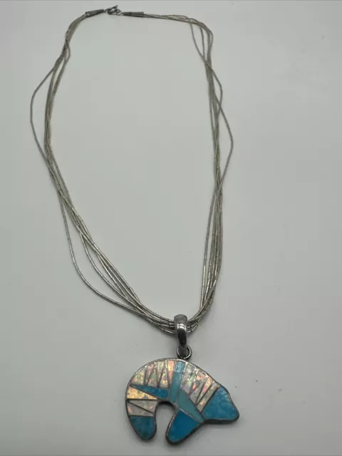 925 Sterling Silver Turquoise Opal Inlay Zuni Bear Pendant & 5 Strand Necklace