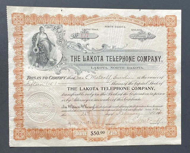 LAKOTA TELEPHONE COMPANY Stock 1910. Lakota, Nelson County, North Dakota. VF++