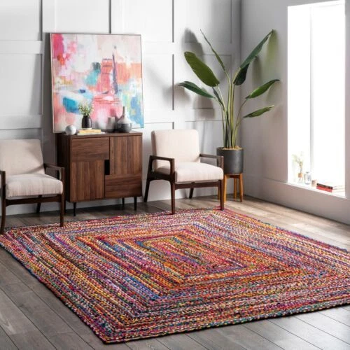 Square Rug Natural Cotton Farmhouse Area Rug Hand Woven Rustic Look Farmhouse