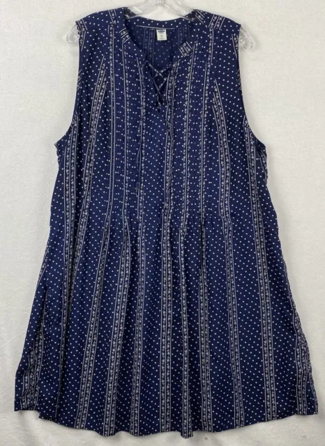 Old Navy Women’s XXL Dress Sleeveless Pintuck Tie Front 100% Rayon Blue & White