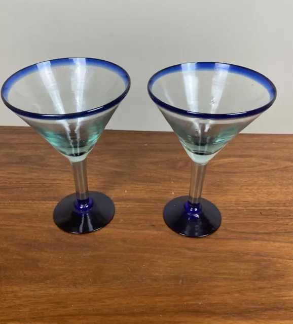 Hand Made Blown 7.25" Martini Glasses Cobalt Rim and Base Bubbles Set of 2