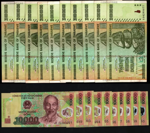 10 x 10000 Dong Vietnam Banknotes + 10 x 20 Billion Dollars Zimbabwe 2008 + COA