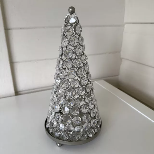 Crystal Beading Silver Tone Metal Candle Holder Cone Design Christmas Tree 24cm