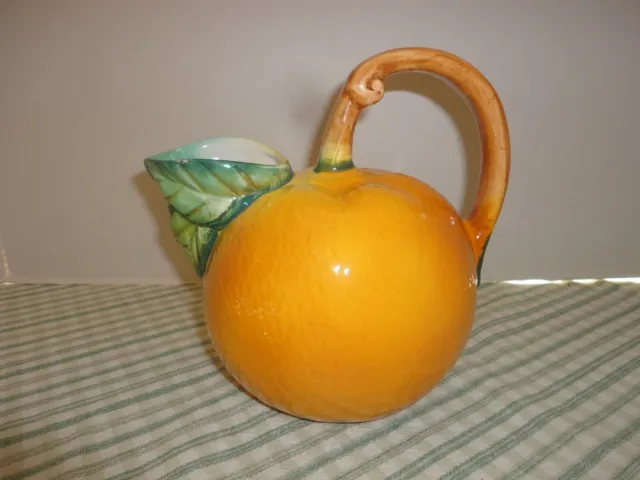 Vintage Handpainted Ceramic Citrus Orange Pitcher Jug Tiki Tropical 8" Tall