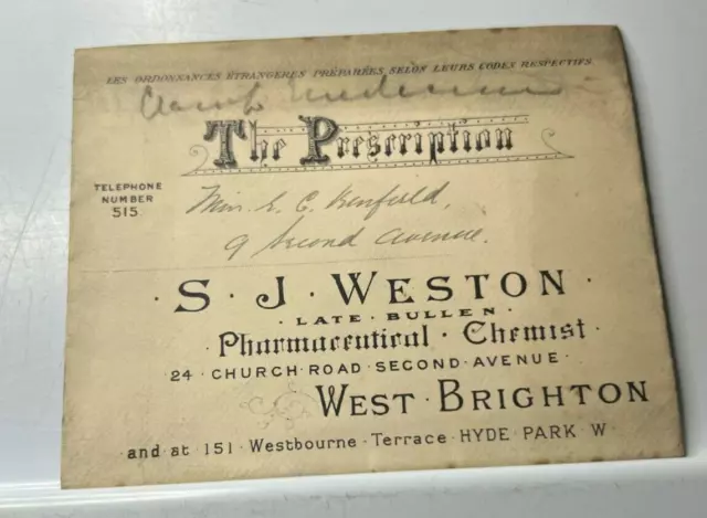 Antique Pharmacy Prescription Envelope  S J Weston church road West Brighton