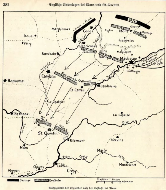 1914 Schlacht bei Mons * Skizze der Rueckzugsline der Englaender *  WW1
