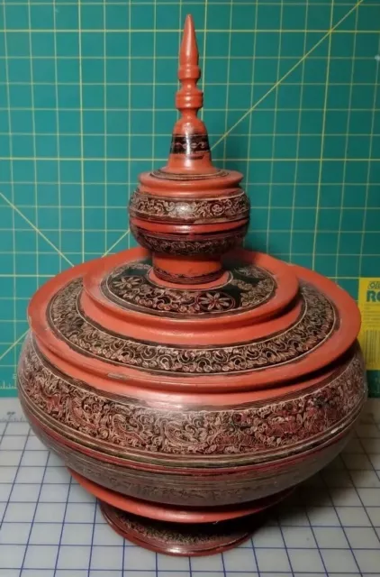 Antique Burmese Buddhist Hsun Ok Offering Vessel Hand Painted 19th Century