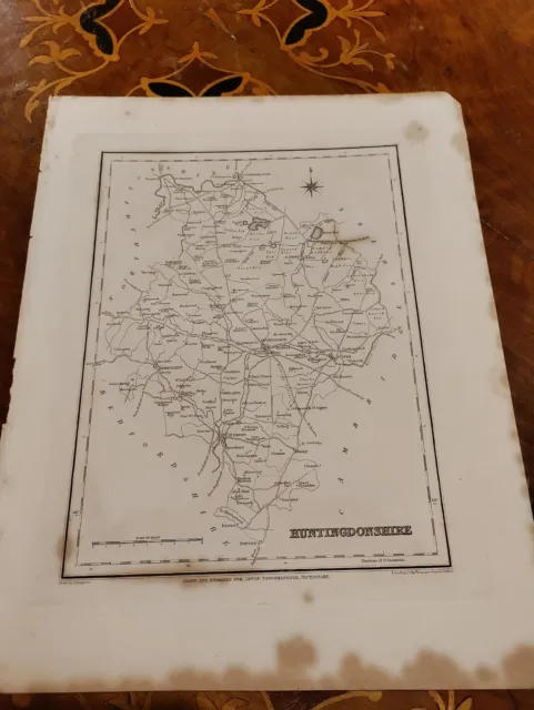c1840s Huntingdonshire County Map Lewis Topographical Dictionary Peterborough