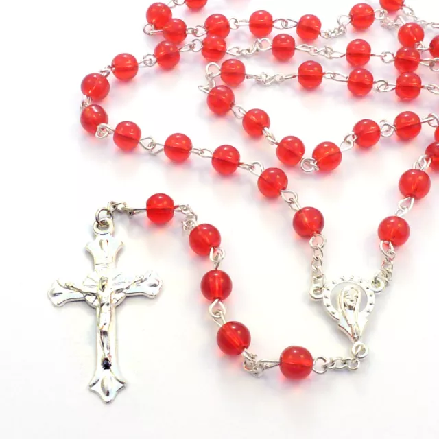 Deep bright red Catholic glass rosary beads Our Lady center 6mm necklace