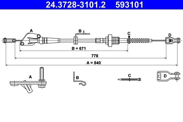 ATE Cavo Frizione 840mm Adatto A per Hyundai I10 24.3728-3101.2