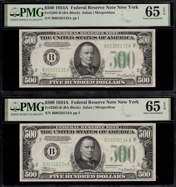 Superb Consecutive Pair 1934A Five Hundred Dollar Bills Pmg Gem 65 Epq 6133 6134