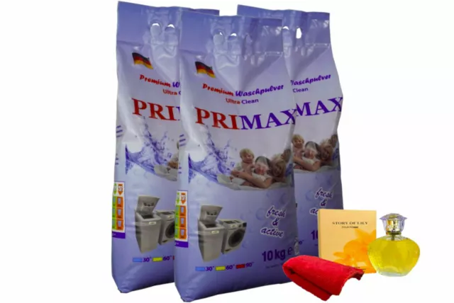 30 Kg Primax Waschpulver Vollwaschmittel Universal Pulver + Tuch + Damenparfüm