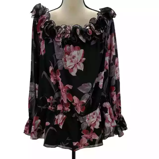 Adrianna Papell Long Sleeve Drop Shoulder Floral Print Blouse - Black Pink - 24W