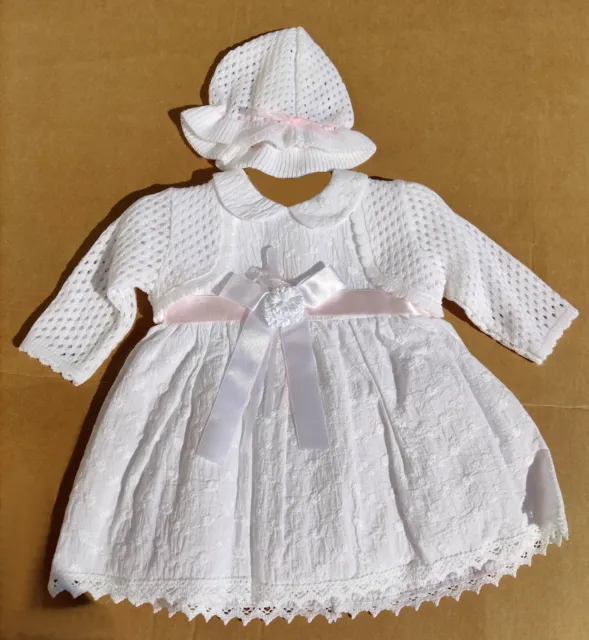ABITO da battesimo bambina (3pz) vestito CERIMONIA bianco rosa manica corta 337R