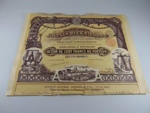 1899 Share Certificate Mining Company Brussels Belgium Ephemera Original