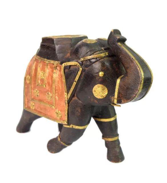 Handmade Wooden Elephant Figurine Fine Brass Fitted - Statue Desk Decor i71-622