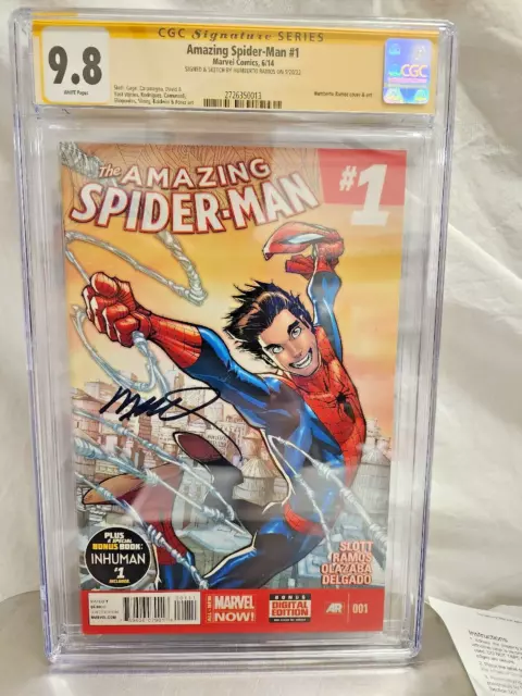 2014  Étonnant Spider-Man #1 Cgc 9.8 Signé Par Humberto Ramos Cindy Moon Soie