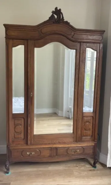 Genuine Antique French Mirrored Knockdown Wardrobe/ Armoire Carved Oak