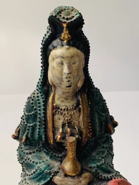 Tibetan Pure Copper Guanyin Buddha Statue 6”H x 3”W Hand Painted 327g Exquisite 2