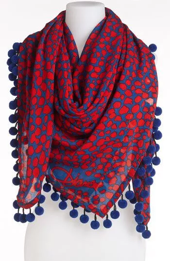 DIANE VON FURSTENBERG 'New Rochelle' Pom Pom Fringed Scarf Wrap Blue Red Print