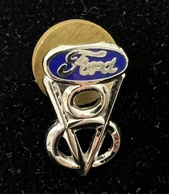 Vintage Ford Lapel Pin V8 Automotive Employee Wear Car Blue Enamel Silver Toned