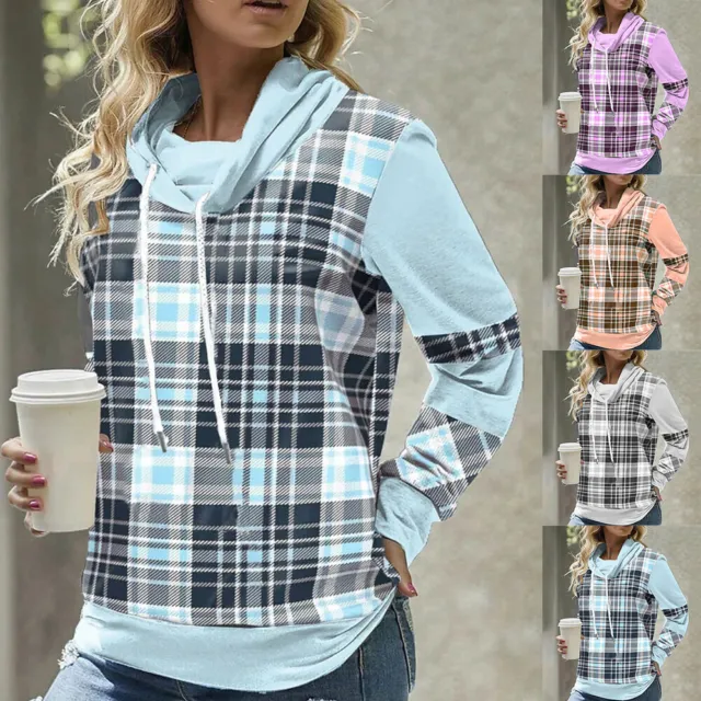 Women Plaid Check Hooded Sweatshirt Ladies Hoodies T-Shirt Tops Blouse Size 16