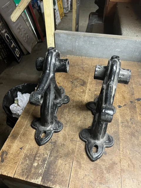 Old Antique Industrial Ornate Large Cast Iron Wall Shelf Pivot Brackets Set Pair