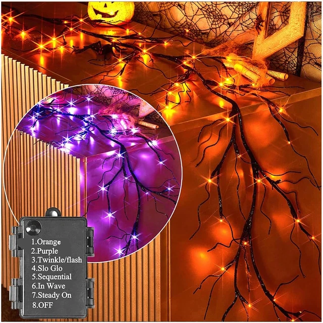 Lighted Halloween Garland with 48L Orange and Purple Bi-Color LED Lights 8 Funct