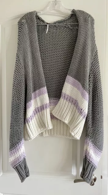 FREE PEOPLE Women’s Gray Purple White Chunky Knit Cardigan Sweater-Size Large