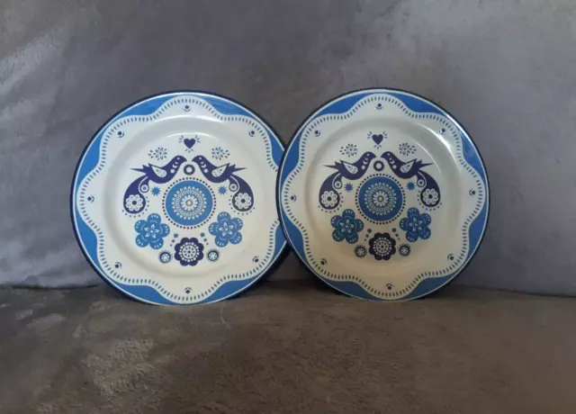 2 Vintage Style Enamel Plates Folklore By Nina Jarema - Wild & Wolf White & Blue