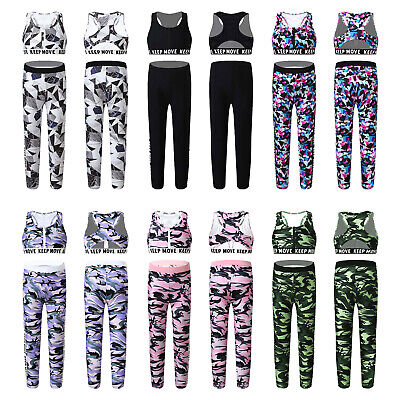 Girls Kids Sports Dance Outfits Gym Yoga Letters Print Crop Tops Leggings Set