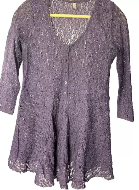 Free People Womens Scoop Neck Long Sleeves Button Front Purple Top Size M