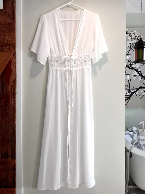 Womens Off White Long Bridal Robe Sz LARGE Sheer Lace Tie Waist Beach Wrap Cover