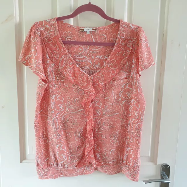 Next Ladies Top Size 14 Pink Floral Mix Short Sleeve V-Neck Ruffle Front Blouse