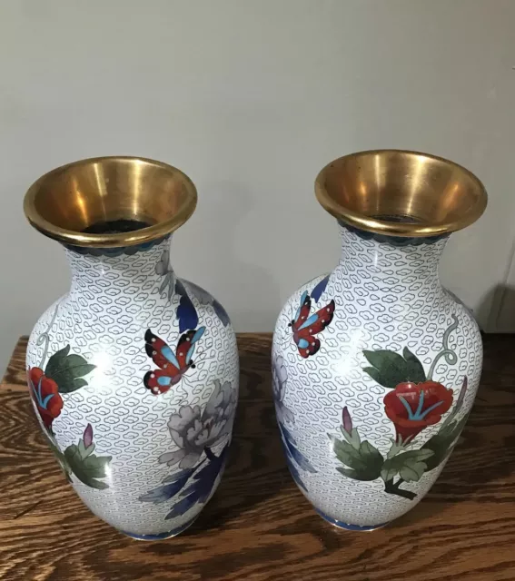 Vintage Rare White Base Matching Chinese  Cloisonné Vases 1970-80s 3