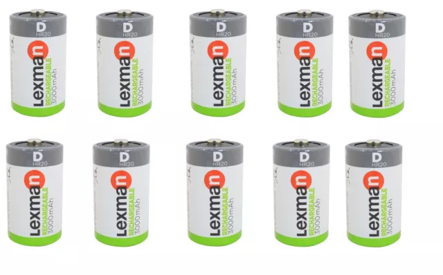 Lot De 10 Piles Rechargeable type D Hr20 3000 Mah Lexman BATTERIES ACCU RECHARGE