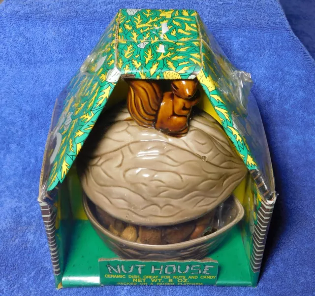 NOS Vintage Nut House Covered Walnut Shaped Ceramic Candy Nut Dish Container Jar