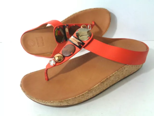 FITFLOP 10M Jewel The Skinny Sandals Toe-Post Flame Orange Leather Thong Shoes