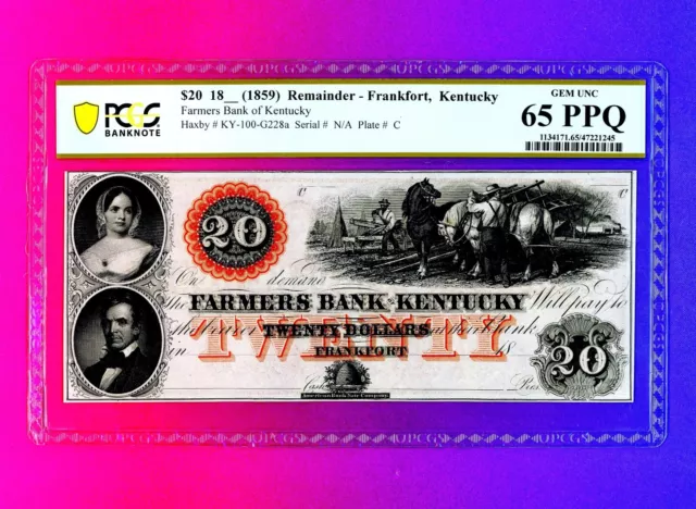 1859  $20 Farmers Bank of Kentucky Frankfort KY OBSOLETE PAPER MONEY PCGS 65 PPQ