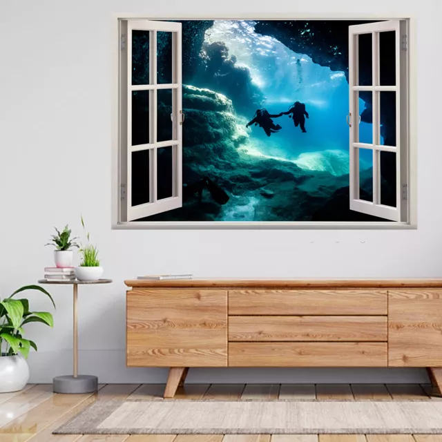 Adesivo da parete poster decalcomania poster subacquea grotta sottomarina 3D vista finestra A431