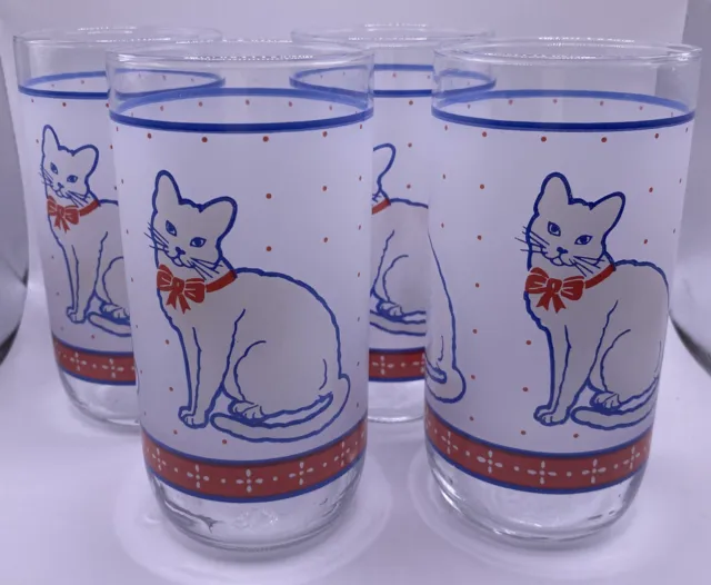 Set of 4 Vintage Libbey 12oz White Frosted Cat Drinking Glass Blue Pink Dots 