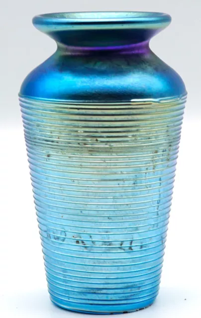 Vintage Lundberg Studios 1976 Blue Iridescent Fine Ribbed Mini Art Glass Vase 2