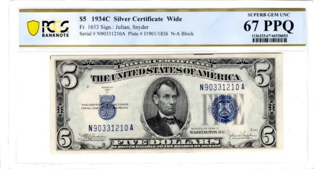 1934C $5 Silver Certificate PCGS 67PPQ Superb GEM  Fr.1653 WIDE  Super Buy !