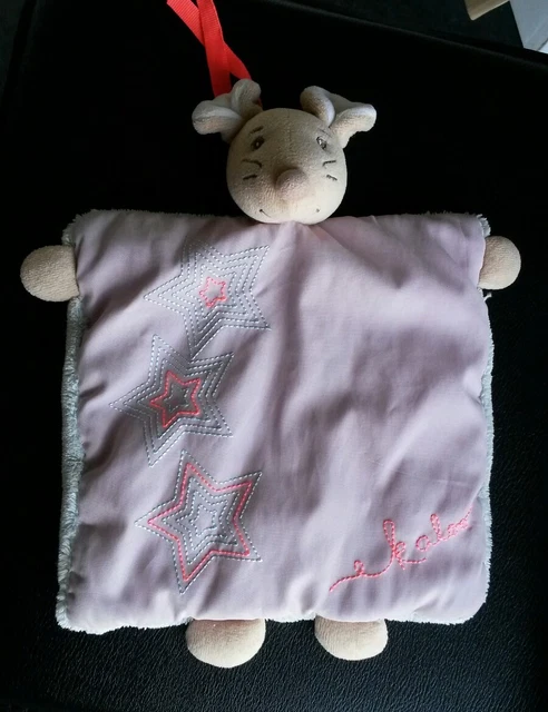 Doudou plat souris Kaloo étoiles bleu Parme attache  brodé fluo rose TBE follies