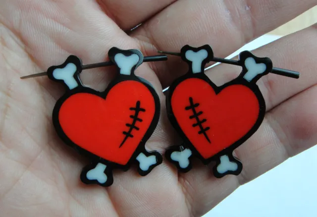 Pair Organic Hand Carved Black Horn Bone Red Heart Stirrup Hanger Earring