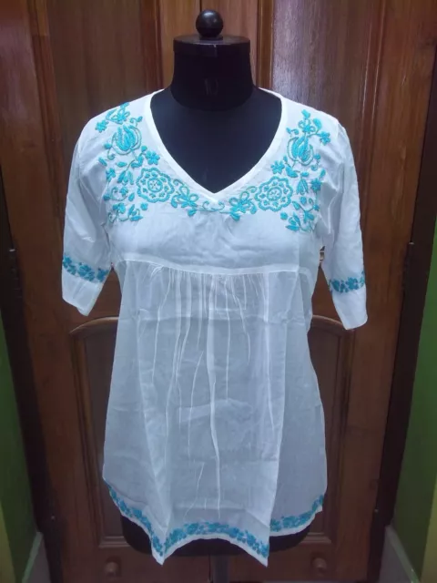 Handmade M L Xl 2Xl Ethnic 100% Cotton Chikan Embroidery Top Kurta Kurti Tunic