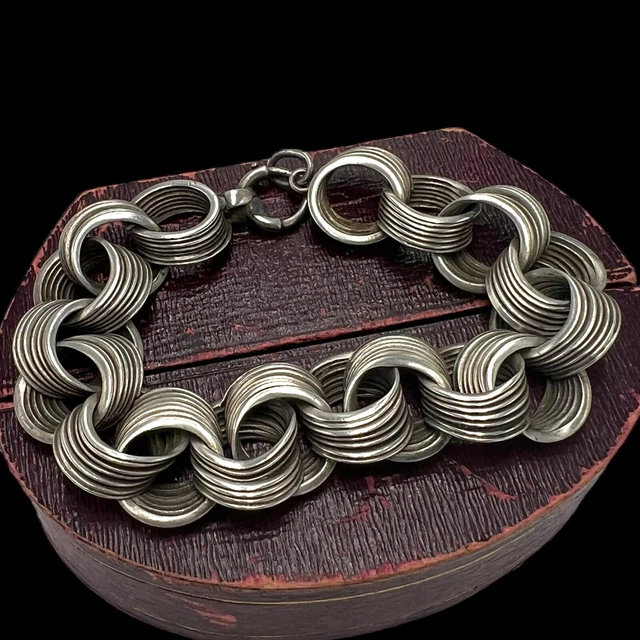 Antico Vintage Medio Secolo Argento Sterling Motociclista Catena Bracciale 39.5g