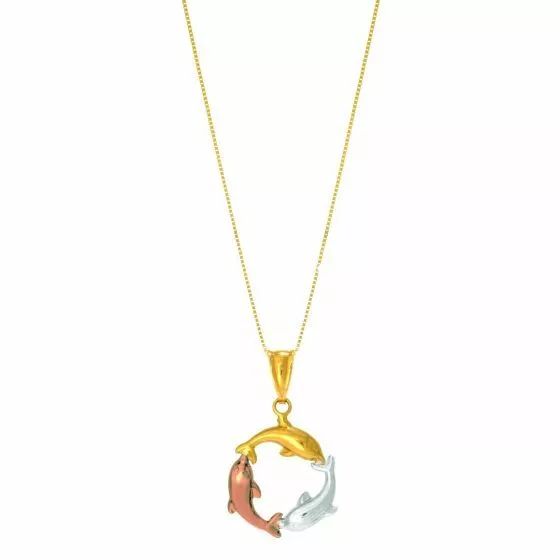 14k Tricolor Triple Dolphin Necklace Yellow Gold White Gold Rose Gold 18" Chain