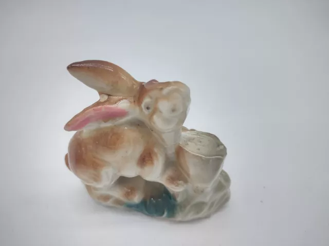 Vintage Japan Ceramic Figurine- Bunny Rabbit and Log Glazed