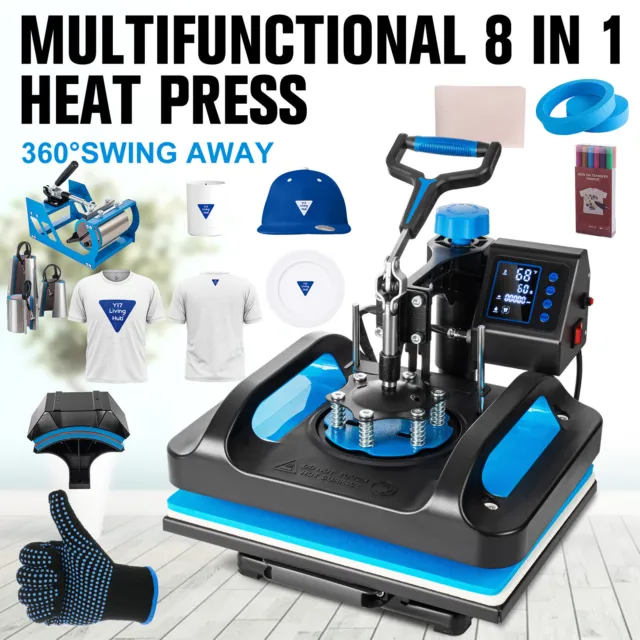 8IN1 Heat Press Machine 15"x15" Sublimation Transfer T-Shirt Mug Plate Hat Blue